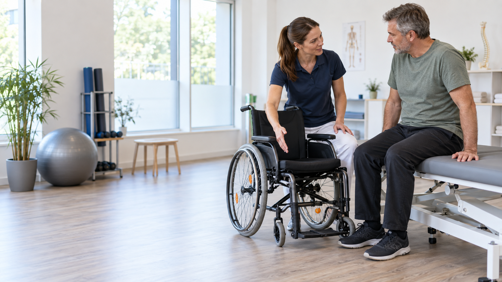 Physiotherapeutin im Polo-Hemd bespricht einen sicheren Transfer mit einem Patienten